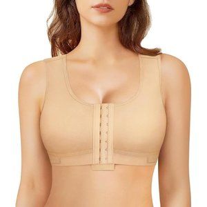 Women Front Closure Compression Bras for Support with Adjustable Straps-Beige